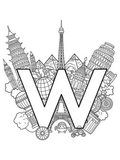 Letter W with detailed drawings of world landmarks like Eiffel Tower, pyramids, and pagodas