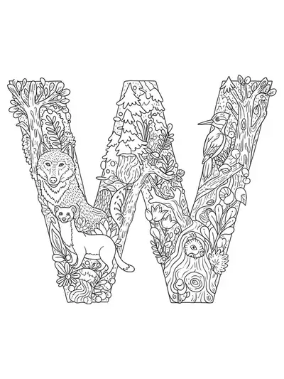 Detailed letter W surrounded by woodland animals, trees, and leaves, intricate line art
