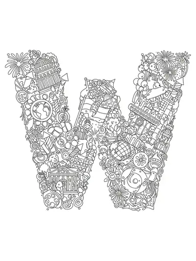 Detailed celebration-themed letter W coloring page with flags, fireworks, and monuments for preschoolers.
