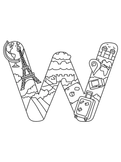 Letter W center stage with a globe, international landmarks, and travel icons, in a moderately detailed coloring page for elementary kids.