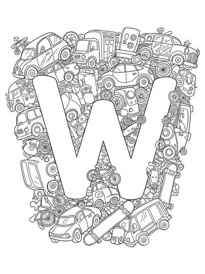 Letter W with detailed vehicles like cars, bikes, trucks, and skateboards in intricate line art