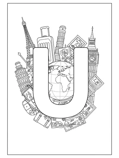 Letter U surrounded by travel icons, globe, suitcase, passport stamps, and landmarks, suitable for teens.