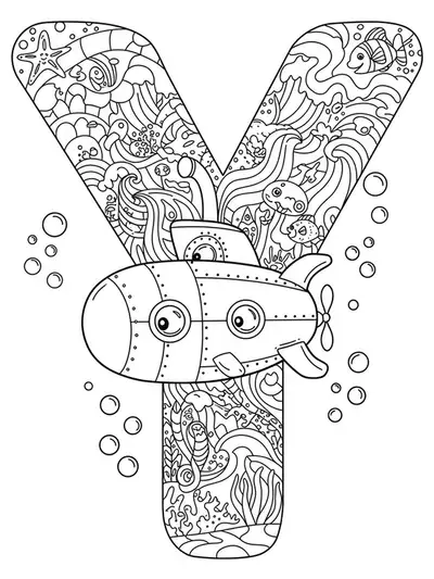 Letter Y with a detailed submarine, ocean waves, fish, and bubbles in a complex line art design