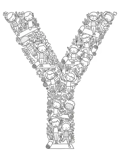 Detailed coloring page of letter Y made with children doing yoga poses and intricate background details