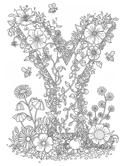 Letter Y surrounded by detailed garden plants, flowers, bees, and vines, with intricate nature patterns