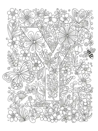 Letter Y with spring flowers, butterflies, bees, and detailed garden patterns in black and white