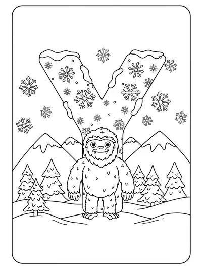 Letter Y with yeti character, snowflakes, mountains, and winter scenery in detailed line art