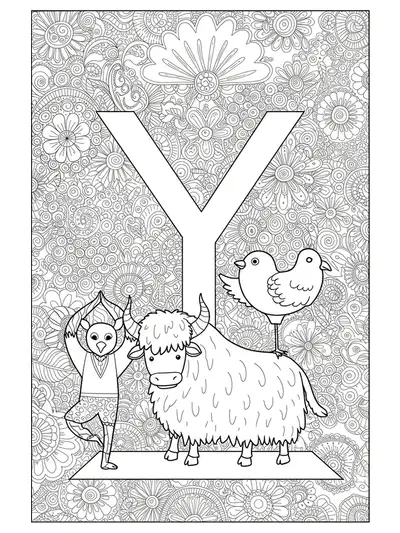Letter Y with cute animals like yaks and birds in yoga poses, surrounded by intricate patterns