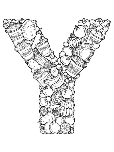 Letter Y filled with detailed drawings of yogurt, yams, yellow foods, and food patterns for preschoolers