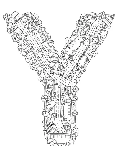 Intricate coloring page with letter Y and vehicles like buses, cars, and road signs for preschoolers
