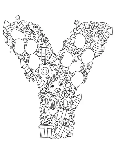 Letter Y decorated with detailed images of balloons, fireworks, streamers, and celebration items