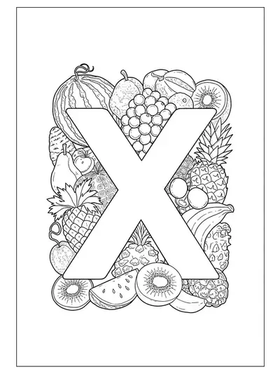 Letter X surrounded by detailed fruit designs including watermelon and grapes for coloring