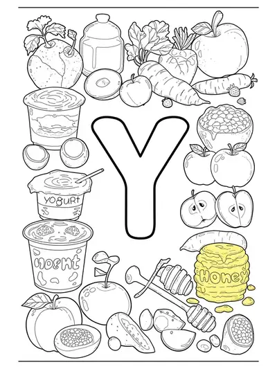 A hard coloring page with the letter Y surrounded by detailed drawings of foods starting with Y for elementary kids.