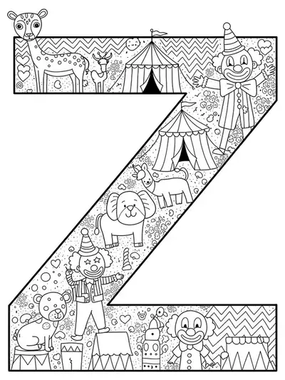 Intricate circus-themed coloring page with letter Z, clowns, animals, tents, and detailed patterns for preschool kids.