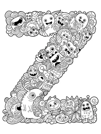 Intricate coloring page with letter Z, zany monsters, and whimsical zigzag patterns for preschool kids.