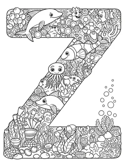 Detailed under the sea coloring page with letter Z, fish, seaweed, bubbles, and complex ocean patterns for preschoolers.