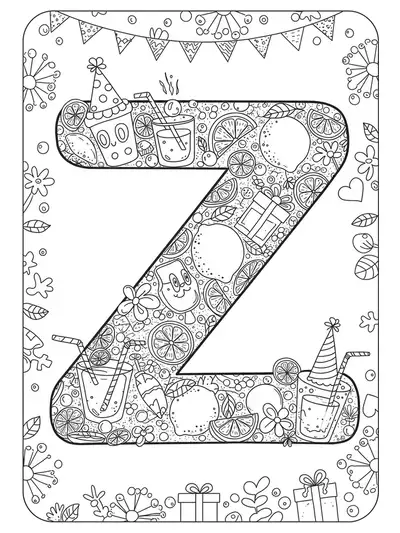 Complex coloring page with letter Z, lemons, lemonade, party hats, and detailed festive patterns for preschoolers.