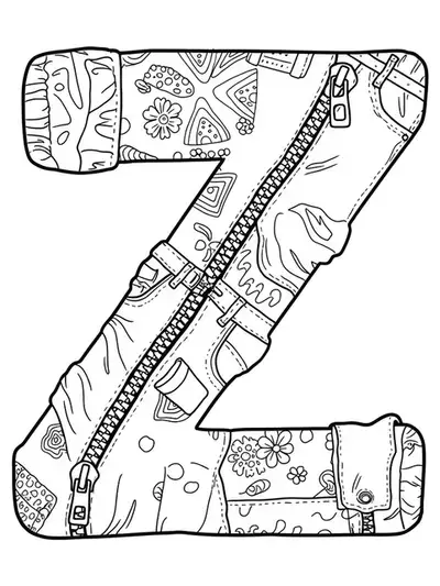Detailed coloring page featuring letter Z, a zipper, jackets, and jeans with complex patterns for preschool kids.