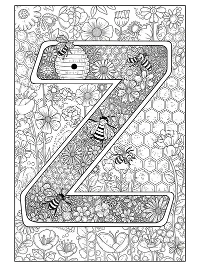 Detailed coloring page with letter Z, bees, flowers, and complex nature-inspired patterns for preschoolers.
