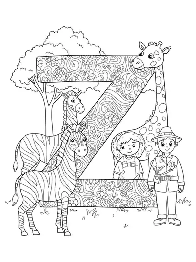 Complex zoo-themed coloring page with letter Z, zebra, zookeeper, and detailed patterns for preschoolers.