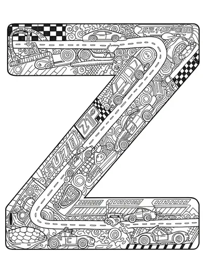 Detailed coloring page with letter Z, race cars, racetrack, and intricate vehicle-themed patterns for preschool children.