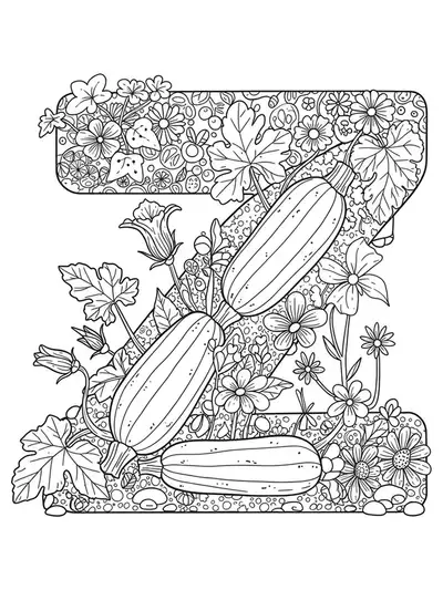 Intricate coloring page with letter Z, zucchini plants, flowers, and detailed garden-themed patterns for preschoolers.