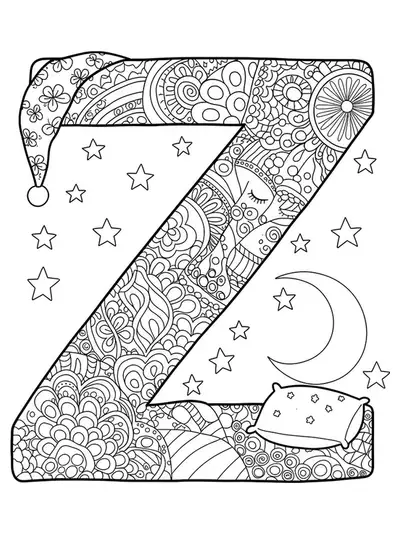 Intricate bedtime-themed coloring page with letter Z, sleeping moon, stars, and detailed night sky patterns for preschool children.