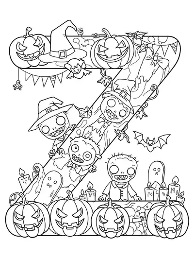 Coloring page of a large letter Z decorated with pumpkins, zombies, and bats in a Halloween theme for kids.
