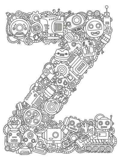 Hard letter Z coloring page with complex robots, gears, and mechanical details