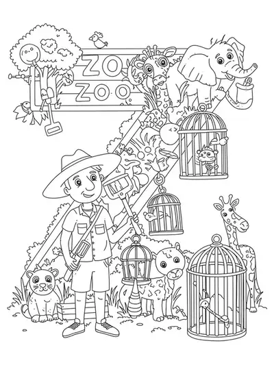 Hard letter Z coloring page with detailed zookeeper, animals, cages, and zoo tools