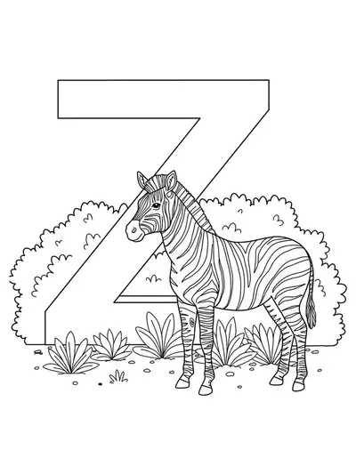 Letter Z with a zebra grazing and bushes, animal and nature themed coloring page for kids.