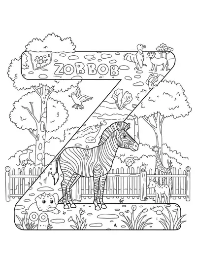 Hard letter Z coloring page with detailed zebra, zoo animals, and foliage