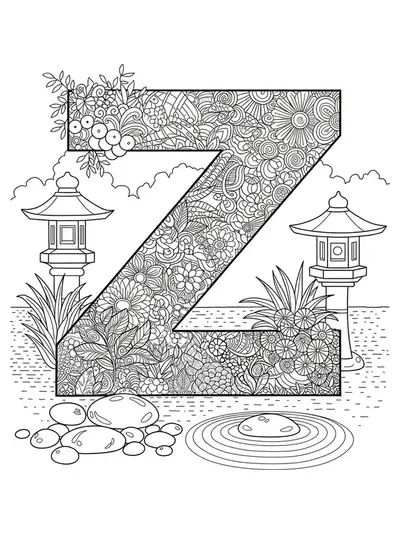 Hard letter Z coloring page with Zen garden elements including pebbles, plants, and lanterns