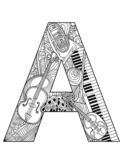 Zentangle style letter A with musical instrument details, intricate and challenging adult coloring page.