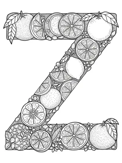 Hard letter Z coloring page with detailed citrus fruit slices and patterns
