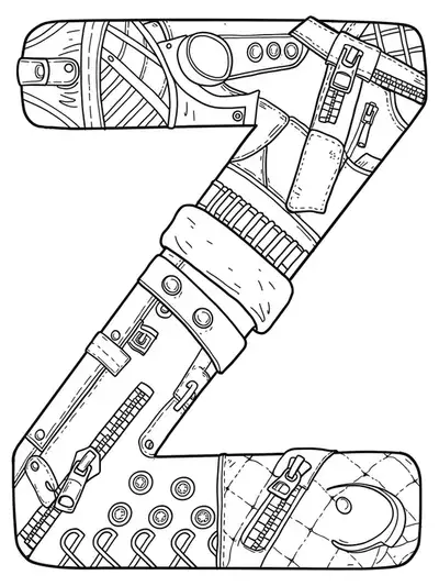 Hard letter Z coloring page with detailed zippers, clothing, and fashion accessories