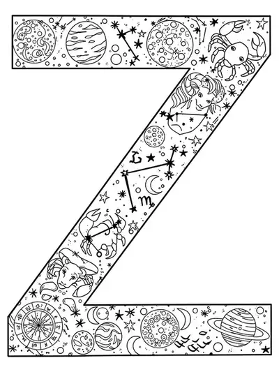 Hard letter Z coloring page with detailed zodiac constellations, stars, and planets