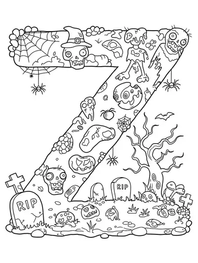 Hard letter Z coloring page with cartoon zombies, gravestones, spider webs, and haunted scenery