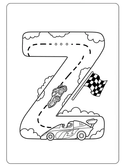 Large letter Z with a race car, racetrack, and checkered flag, medium detail coloring page for kids.