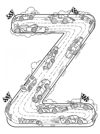 Hard letter Z coloring page with detailed racecars on a winding racetrack
